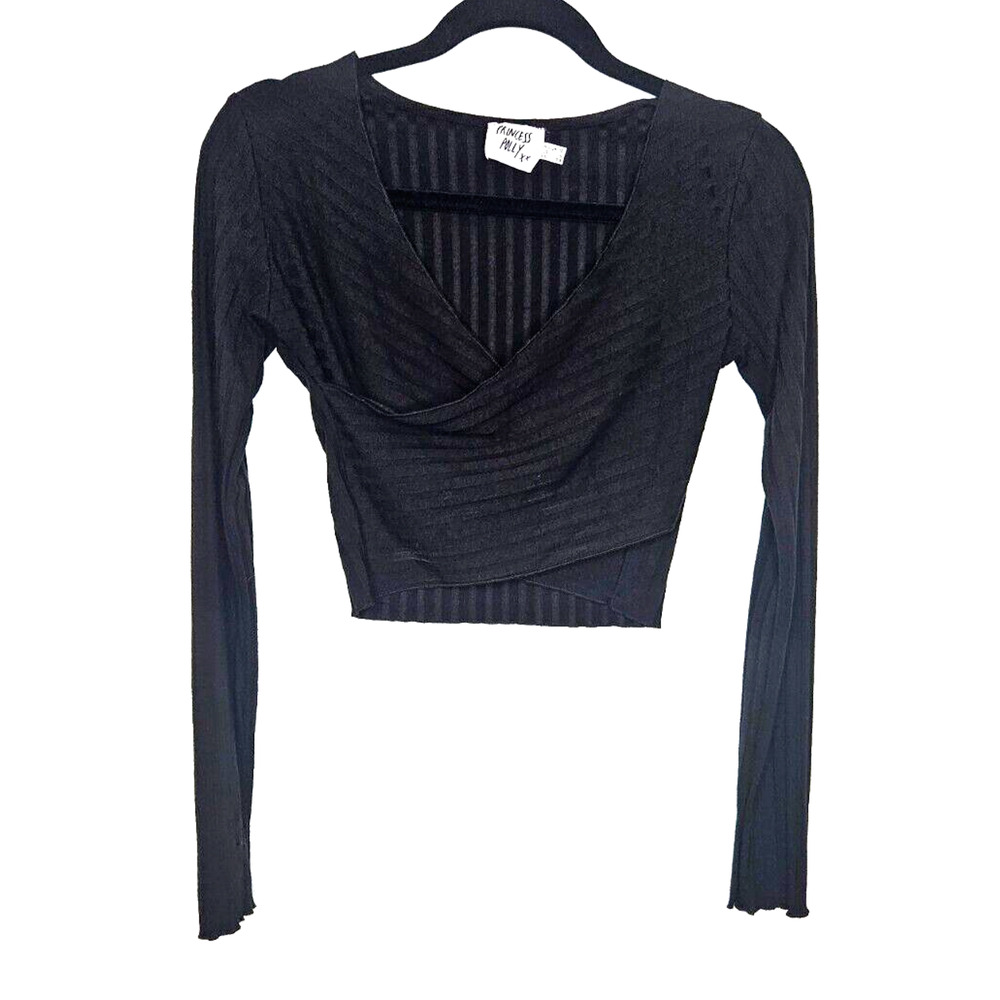 Princess Polly Womens Abigal Top 6 Black Cropped Long Sleeve Ribbed Wrap Front